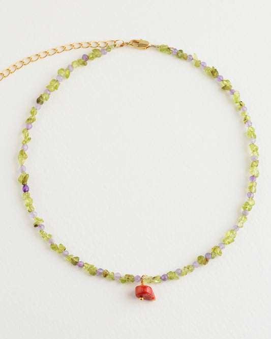 amethyst and olivine crystal necklace with a coral pendant