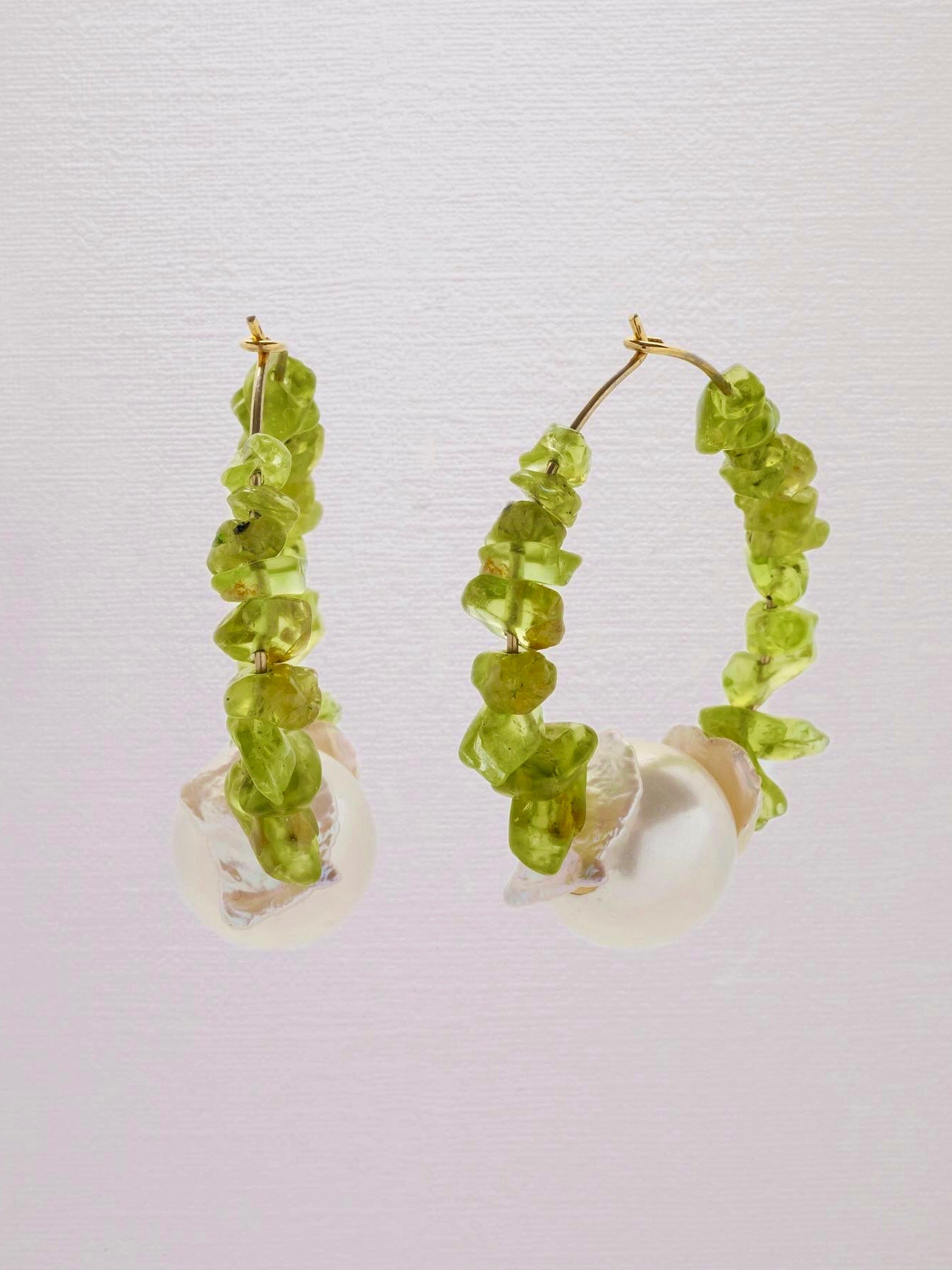 Olivine crystal hoops and freshwater pearls.