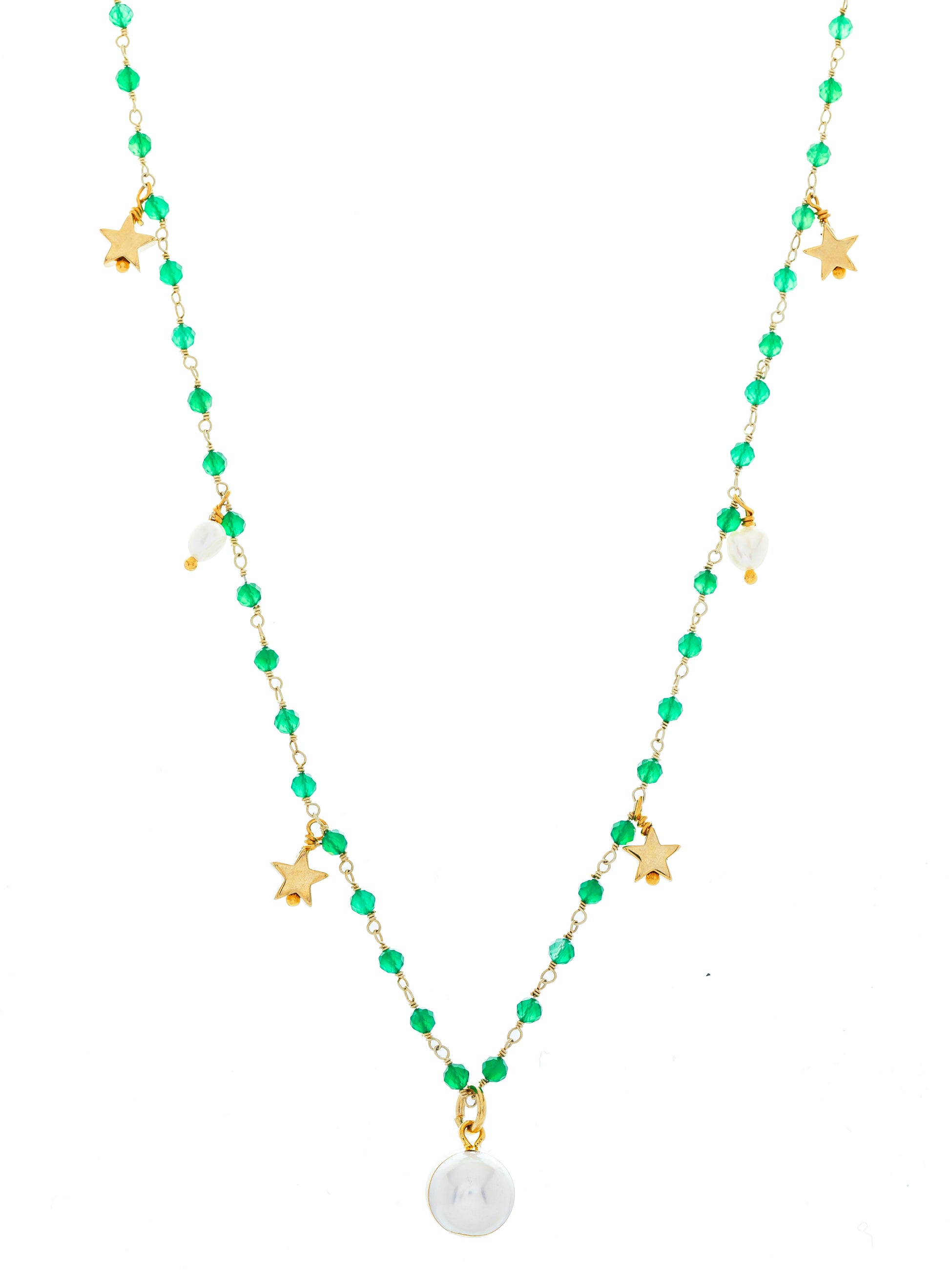 Green onyx faceted necklace finished in a freshwater baroque pearl.