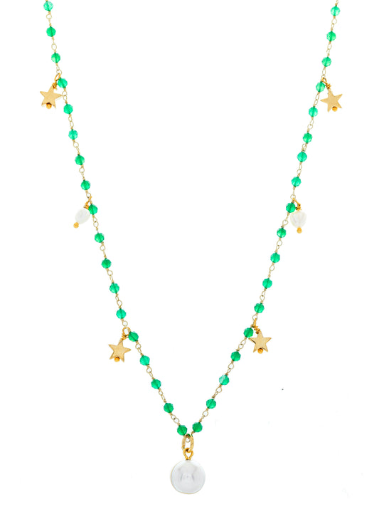 Green onyx faceted necklace finished in a freshwater baroque pearl.