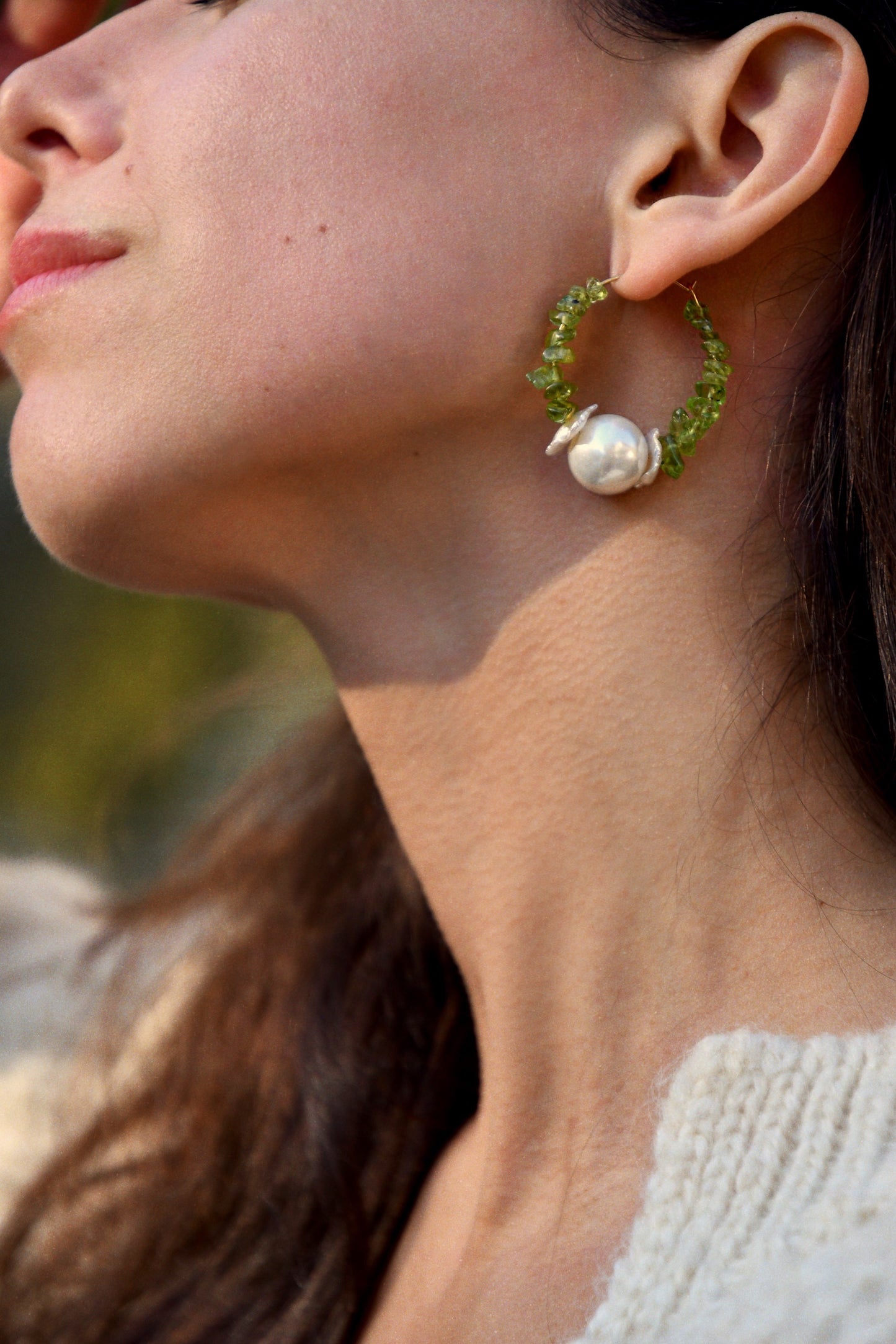 Olivine crystal hoops with freshwater pearls.