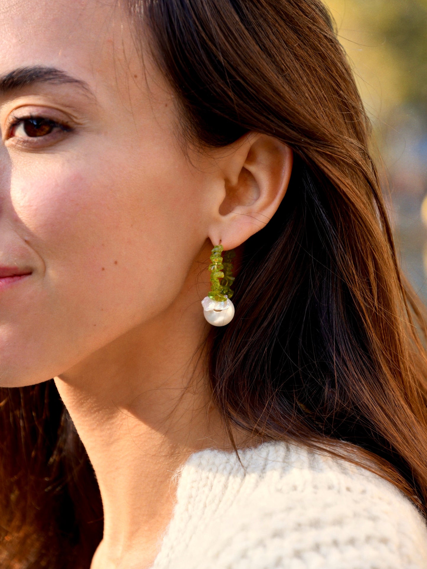 Olivine crystal hoops with freshwater pearls.