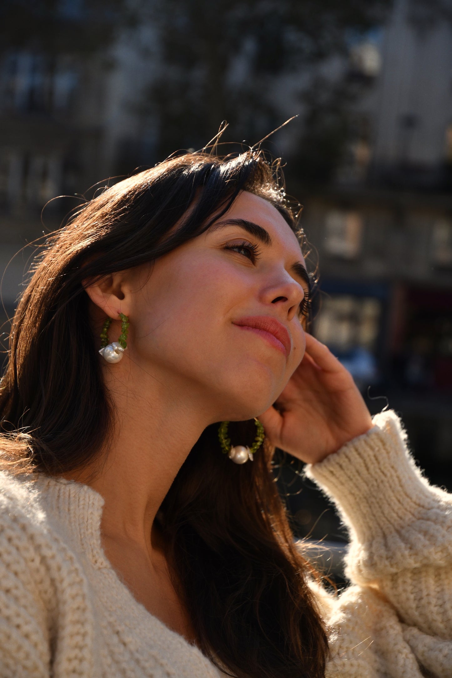 Olivine earrings hoops with freshwater pearls.