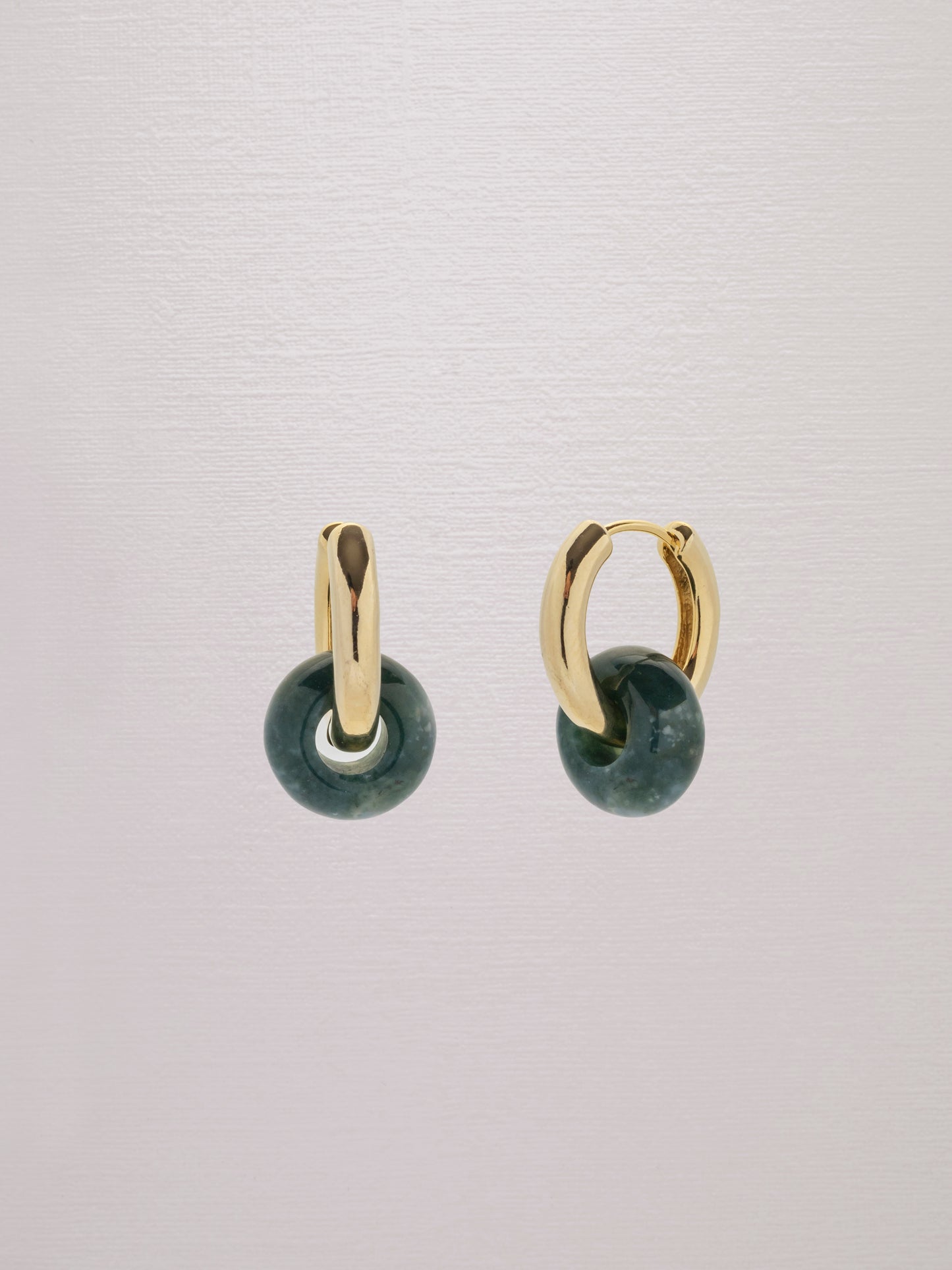 Donut bead green agate gemstone hoop 24k gold-plated earrings.