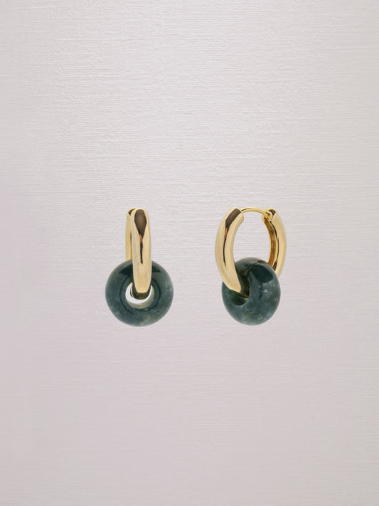 Donut bead green agate gemstone hoop 24k gold-plated earrings.