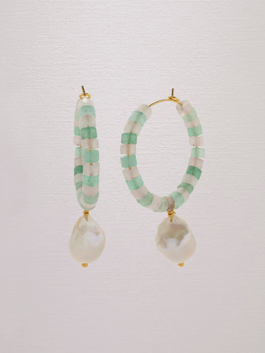 Rose quartz and green prehnite 24k gold-plated hoop with a freshwater baroque pearl.