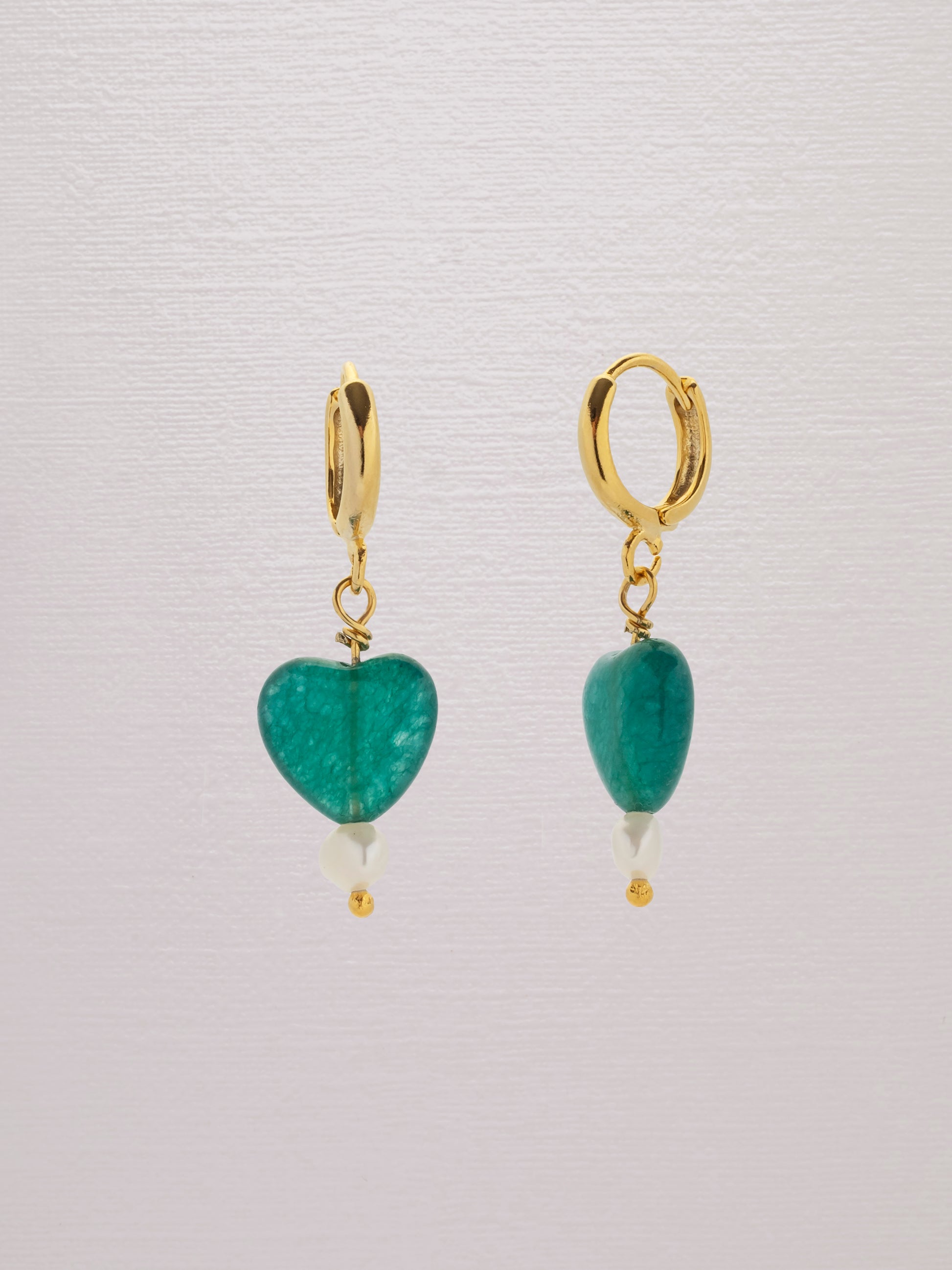 Green gemstone heart earrings with a freshwater pearl and 24k gold-plated hoop.